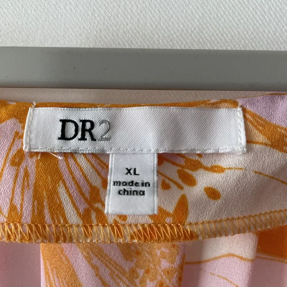 DR2 Blouse Floral Square Neck Short Sleeve Pink Orange Women's Size XL